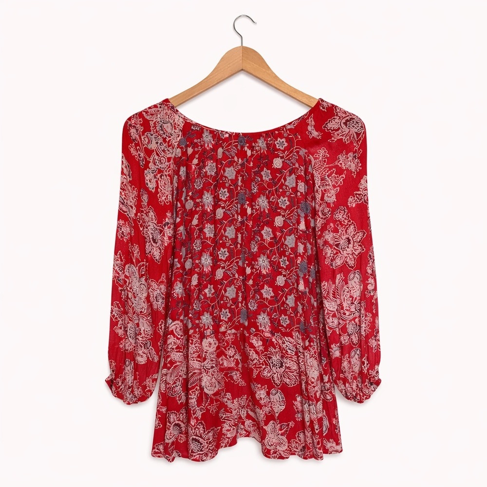 Free People Red Floral Boho Swing Dress | Size Petite Small | Lined - Picture 3 of 8